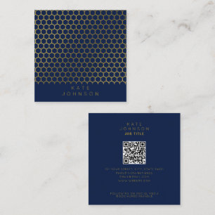 Navy Blue & Gold Hexagon Geometric QR Code Vierkante Visitekaartje