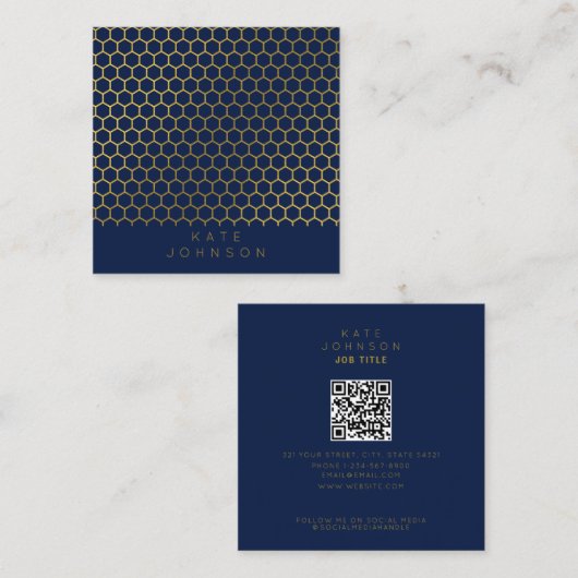 Navy Blue & Gold Hexagon Geometric QR Code Vierkante Visitekaartje (Voorkant / Achterkant)