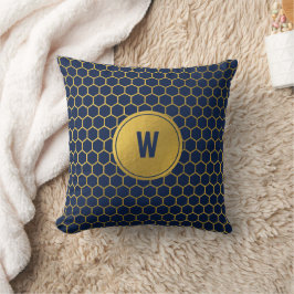 Navy Blue & Gold Hexagon Pattern Monogram Initiaal Kussen