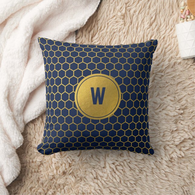 Navy Blue & Gold Hexagon Pattern Monogram Initiaal Kussen (Deken)