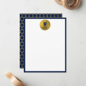 Navy Blue & Gold Hexagon Pattern Monogram Initiaal Notitiekaartje (Voorkant / Achterkant in situ)