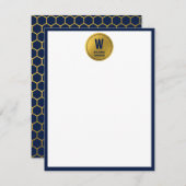 Navy Blue & Gold Hexagon Pattern Monogram Initiaal Notitiekaartje (Voorkant / Achterkant)