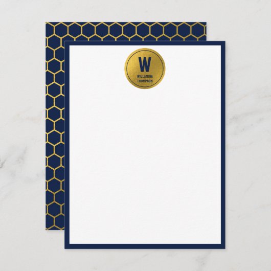 Navy Blue & Gold Hexagon Pattern Monogram Initiaal Notitiekaartje (Voorkant / Achterkant)