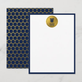 Navy Blue & Gold Hexagon Pattern Monogram Initiaal Notitiekaartje