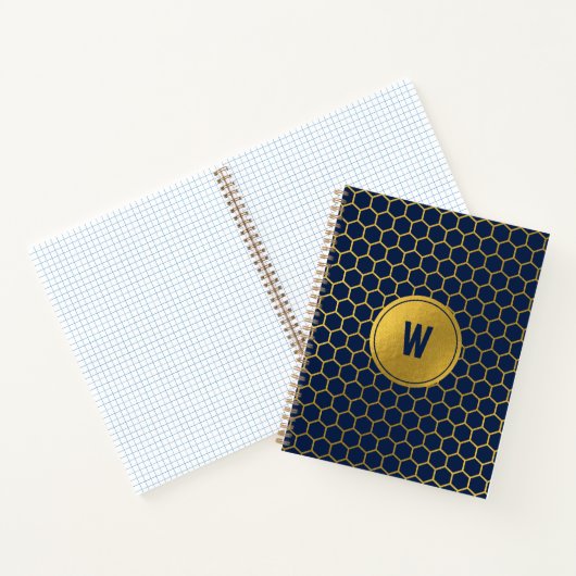 Navy Blue Gold Hexagon Pattern Monogrammed Initiaa Notitieboek (Binnen)