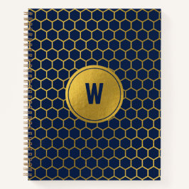 Navy Blue Gold Hexagon Pattern Monogrammed Initiaa Notitieboek