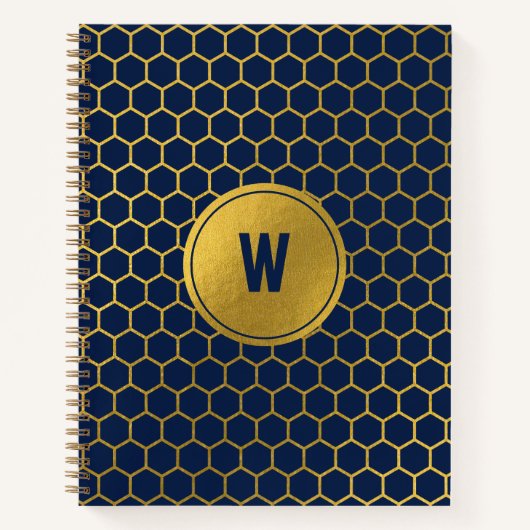 Navy Blue Gold Hexagon Pattern Monogrammed Initiaa Notitieboek (Voorkant)