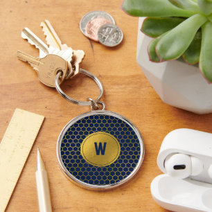 Navy Blue Gold Hexagon Pattern Monogrammed Initiaa Sleutelhanger