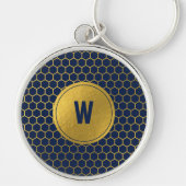 Navy Blue Gold Hexagon Pattern Monogrammed Initiaa Sleutelhanger (Voorkant)