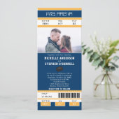 Navy Blue Gold Hockey Ticket Wedding Uitnodiging (Staand voorkant)