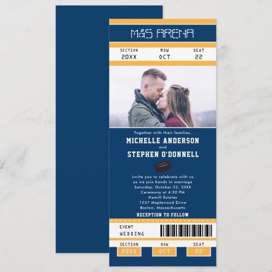 Navy Blue Gold Hockey Ticket Wedding Uitnodiging (Voorkant / Achterkant)