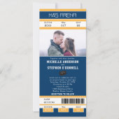 Navy Blue Gold Hockey Ticket Wedding Uitnodiging (Voorkant)