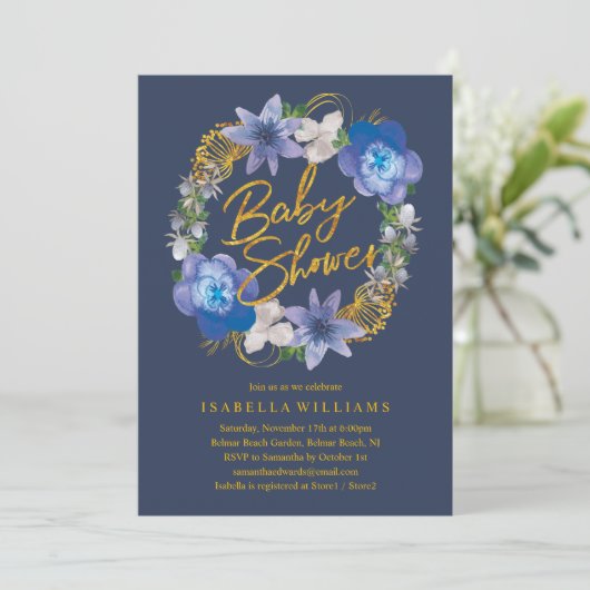 Navy Blue Gold Hydrangeas Bloemen Baby shower Kaart (Staand voorkant)