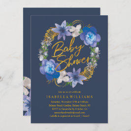 Navy Blue Gold Hydrangeas Bloemen Baby shower Kaart
