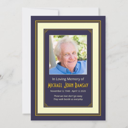 Navy Blue Gold Ivory Foto Death Announement Kaart (Voorkant)
