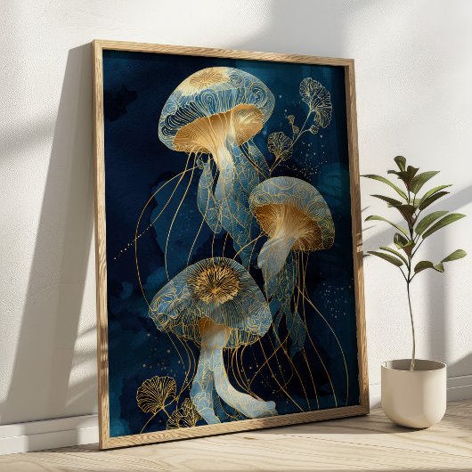 Navy Blue& Gold Jellyfish Kintsugi Ink Art Ocean Poster
