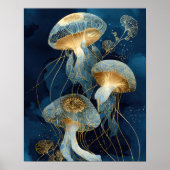 Navy Blue& Gold Jellyfish Kintsugi Ink Art Ocean Poster (Voorkant)