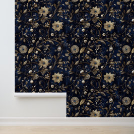 Navy Blue Gold Jewel Floral Behang