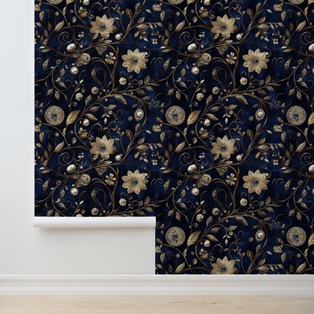 Navy Blue Gold Jewel Floral Behang (Applicatie)