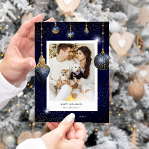 Navy Blue Gold Jewel Ornament Foto Vakantie Kaart