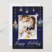 Navy Blue Gold Jewel Ornament Foto Vakantie Kaart (Voorkant)