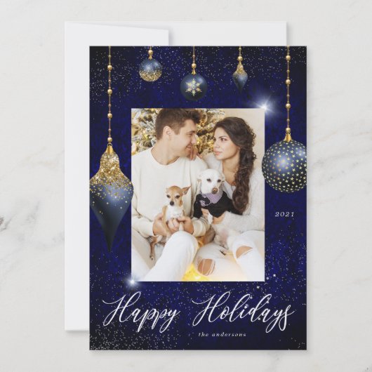 Navy Blue Gold Jewel Ornament Foto Vakantie Kaart (Voorkant)