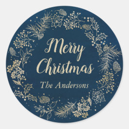 Navy Blue & Gold Kerstmis Wreate Holiday Ronde Sticker