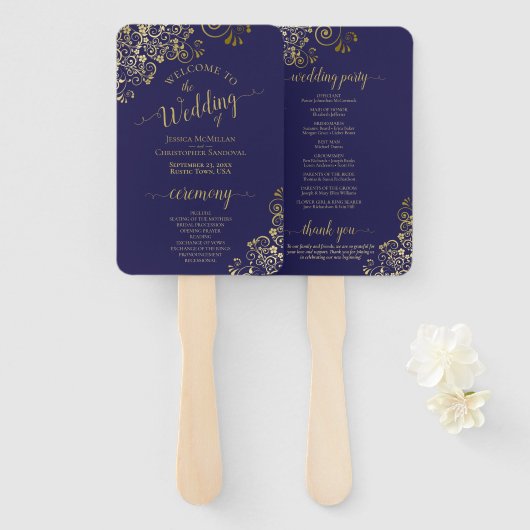 Navy Blue & Gold Lace Elegant Wedding Program Handwaaier (Voorkant en achterkant)