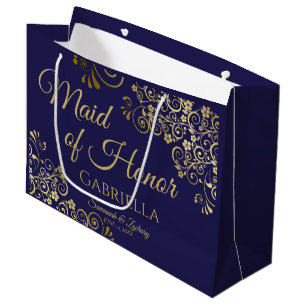 Navy Blue & Gold Lace Maid of Honor Wedding Groot Cadeauzakje