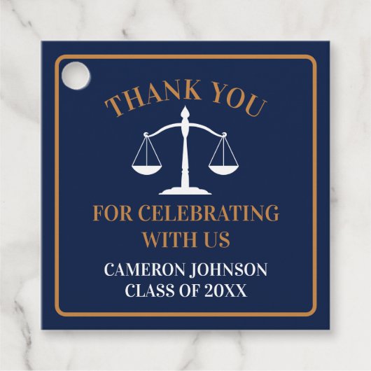Navy Blue Gold Law School Afstudeerfeest Bedankjes Labels (Voorkant)