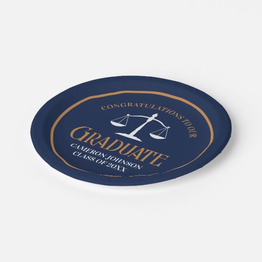 Navy Blue Gold Law School Afstudeerfeest Papieren Bordje (Gekanteld)