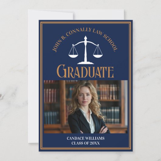 Navy Blue Gold Law School Afstuderen Foto Aankondiging (Voorkant)