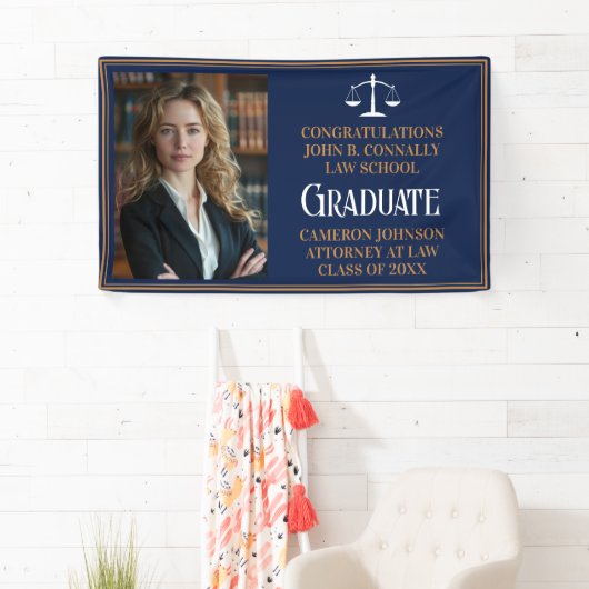 Navy Blue Gold Law School Foto Afstudeerfeest Spandoek (Insitu)