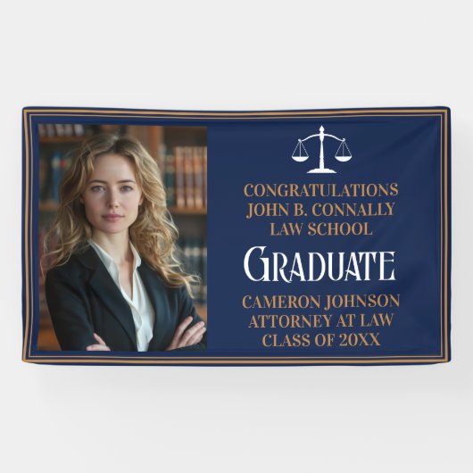 Navy Blue Gold Law School Foto Afstudeerfeest Spandoek (Horizontaal)