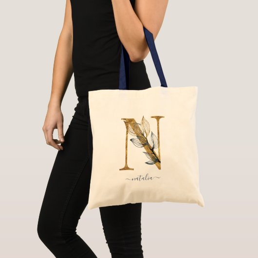 Navy Blue Gold Leaf Modern Monogram Letter "N" Tote Bag (Voorkant (product))
