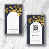 Navy Blue Gold Leaves Modern Arch QR Code Visitekaartje