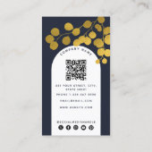 Navy Blue Gold Leaves Modern Arch QR Code Visitekaartje (Achterkant)