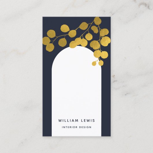 Navy Blue Gold Leaves Modern Arch QR Code Visitekaartje (Voorkant)