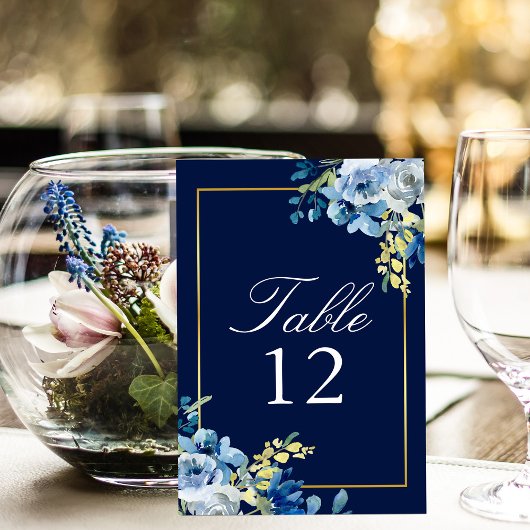 Navy Blue Gold legant Floral Wedding Table Number Kaart
