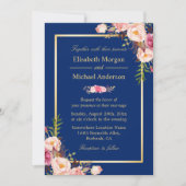 Navy Blue Gold Lijst Pink Floral Wedding Kaart (Voorkant)