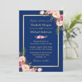 Navy Blue Gold Lijst Pink Floral Wedding Kaart (Staand voorkant)