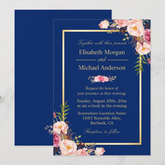 Navy Blue Gold Lijst Pink Floral Wedding Kaart (Voorkant / Achterkant)