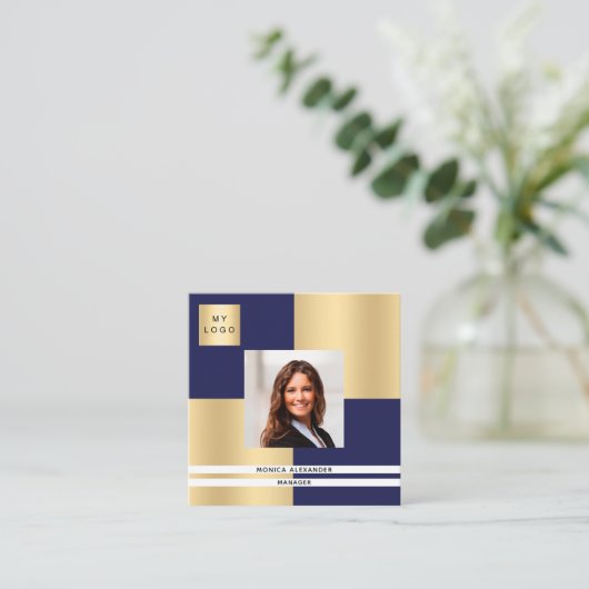 Navy blue gold logo foto QR code Vierkante Visitekaartje (Staand voorkant)