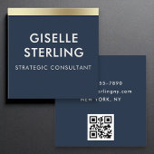 Navy Blue Gold Luxury QR Code Minimale Typografie Vierkante Visitekaartje