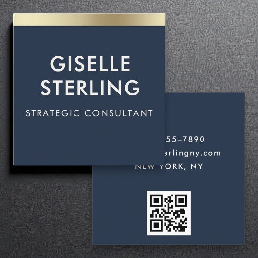 Navy Blue Gold Luxury QR Code Minimale Typografie Vierkante Visitekaartje