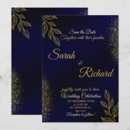 Navy Blue Gold Luxury Wedding Invitation Kaart
