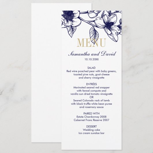 Navy Blue Gold Magnolia Flowers Weddenrennen Kaart (Voorkant / Achterkant)