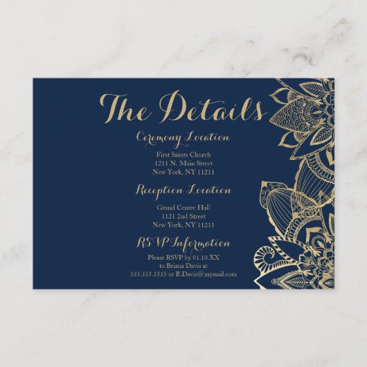 Navy blue Gold mandala details handgeschreven scri Informatiekaartje (Voorkant)