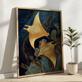 Navy Blue& Gold Manta Rays Elegant Kintsugi Art Poster