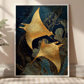 Navy Blue& Gold Manta Rays Elegant Kintsugi Art Poster